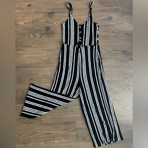 Love Tree Jumpsuit, Black & White Stripes, V Neck, Button & Cutout Detail, Capri